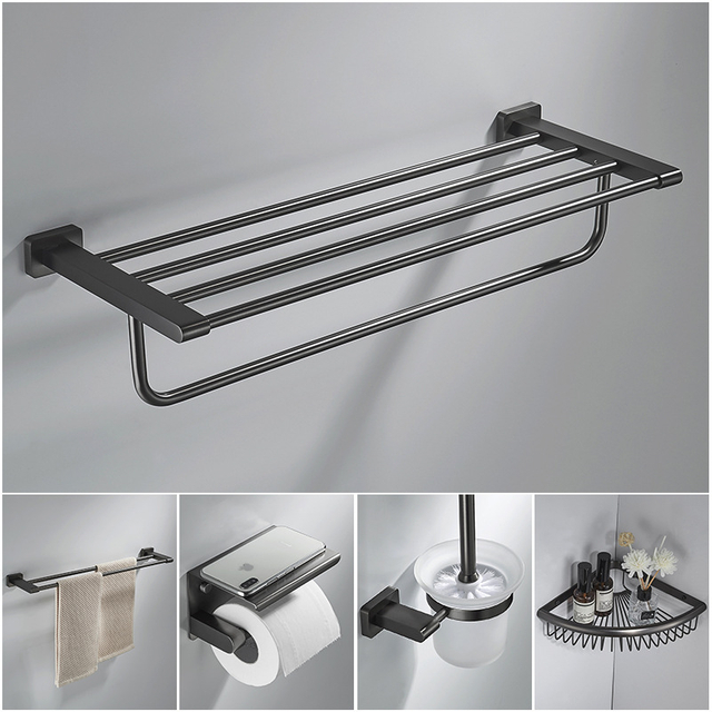 Bathroom Accessories Set Gray Black TOWEL SHELF