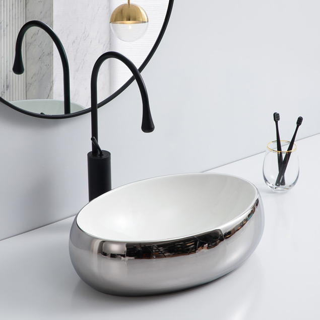 Modern home decor luxury golden oval ceramic above countertop basin bathroom sink art hand wash basin